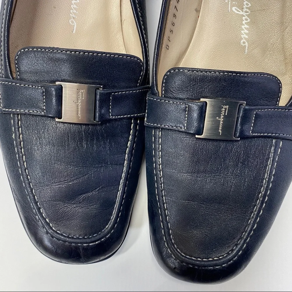 Salvatore Ferragamo Navy Blue Leather Loafers